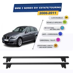 BMW 3 Serisi E91 Wagon/Touring 2006-2011 ile Uyumlu Kilitlenebilir Ara Atkı Taşıyıcı Tavan Barı 2 adet Siyah