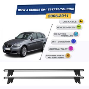 BMW 3 Serisi E91 Wagon/Touring 2006-2011 ile Uyumlu Kilitlenebilir Ara Atkı Taşıyıcı Tavan Barı 2 adet Gri