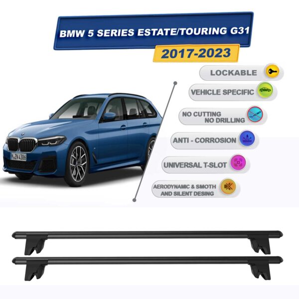 BMW 5 Serisi Touring - Stationwagon G31 2017-2024 ile Uyumlu Kilitlenebilir Ara Atkı Taşıyıcı Tavan Barı 2 adet Siyah