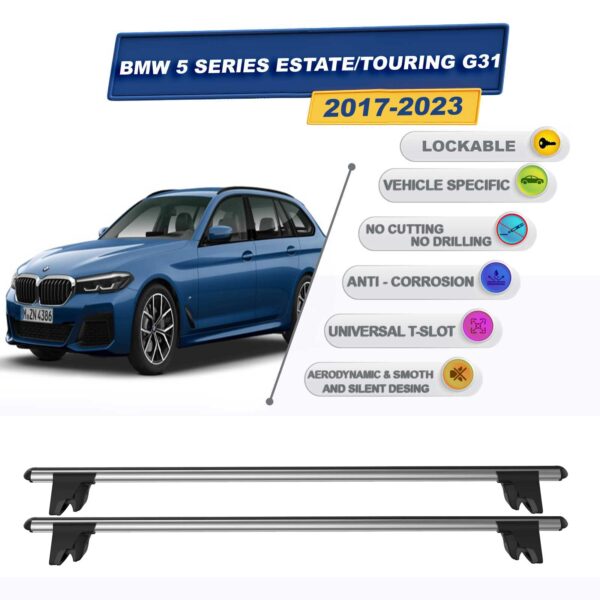 BMW 5 Serisi Touring - Stationwagon G31 2017-2024 ile Uyumlu Kilitlenebilir Ara Atkı Taşıyıcı Tavan Barı 2 adet Gri