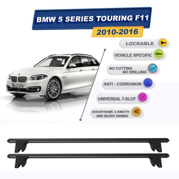 BMW 5 Serisi Touring - Stationwagon F11 2010-2016 ile Uyumlu Kilitlenebilir Ara Atkı Taşıyıcı Tavan Barı 2 adet Siyah