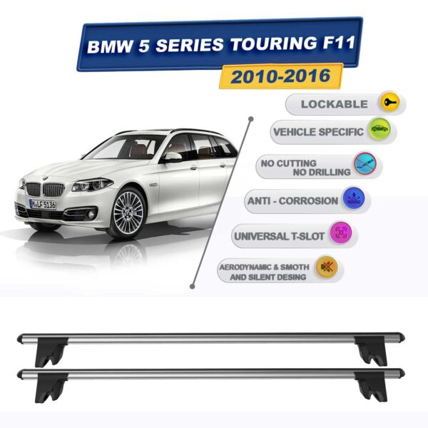 BMW 5 Serisi Touring - Stationwagon F11 2010-2016 ile Uyumlu Kilitlenebilir Ara Atkı Taşıyıcı Tavan Barı 2 adet Gri