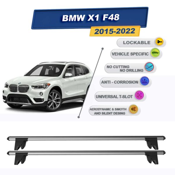 BMW X1 F48 2015-2022 ile Uyumlu Kilitlenebilir Ara Atkı Taşıyıcı Tavan Barı 2 adet Gri