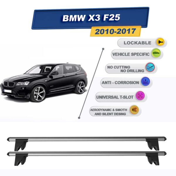 BMW X3 F25 2010-2017 ile Uyumlu Kilitlenebilir Ara Atkı Taşıyıcı Tavan Barı 2 adet Gri