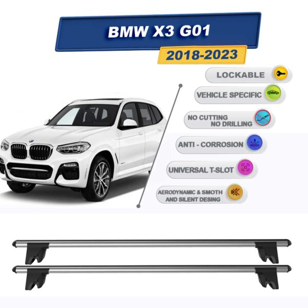 BMW X3 G01 2018-2024 ile Uyumlu Kilitlenebilir Ara Atkı Taşıyıcı Tavan Barı 2 adet Gri
