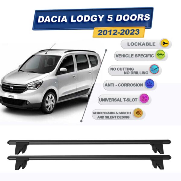 Dacia Lodgy 2012-2023 ile Uyumlu Kilitlenebilir Ara Atkı Taşıyıcı Tavan Barı 2 adet Siyah