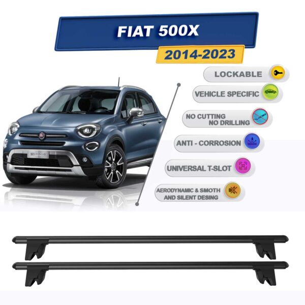 Fiat 500X 2014-2023 (tavan çıtalı araçlar) ile Uyumlu Kilitlenebilir Ara Atkı Taşıyıcı Tavan Barı 2 adet Siyah