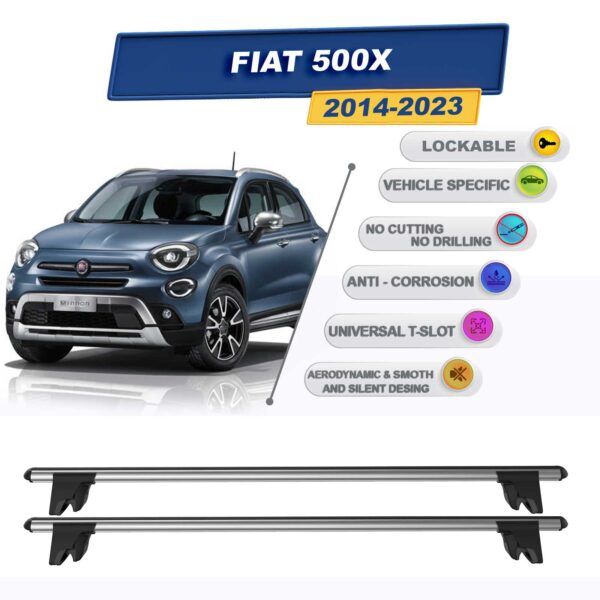 Fiat 500X 2014-2023 (tavan çıtalı araçlar) ile Uyumlu Kilitlenebilir Ara Atkı Taşıyıcı Tavan Barı 2 adet Gri