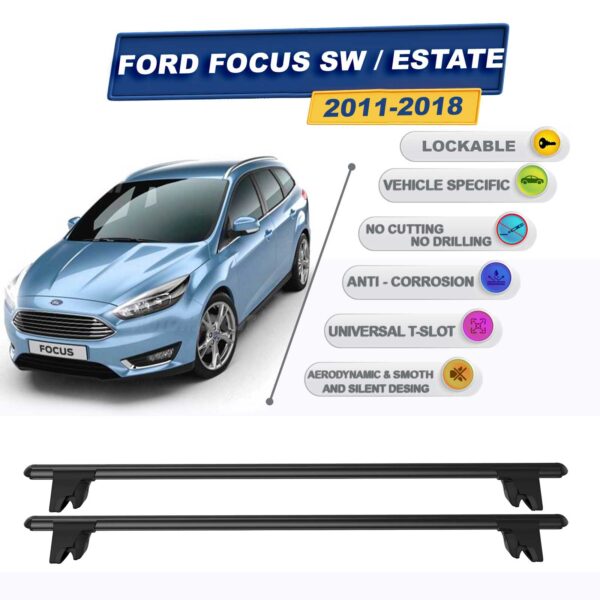 Ford Focus 3 Stationwagon 2011-2018 ile Uyumlu Kilitlenebilir Ara Atkı Taşıyıcı Tavan Barı 2 adet Siyah