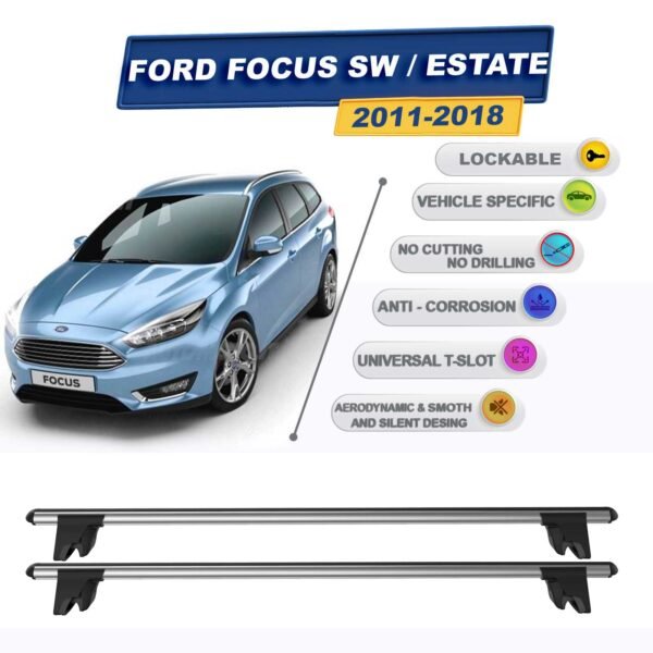 Ford Focus 3 Stationwagon 2011-2018 ile Uyumlu Kilitlenebilir Ara Atkı Taşıyıcı Tavan Barı 2 adet Gri