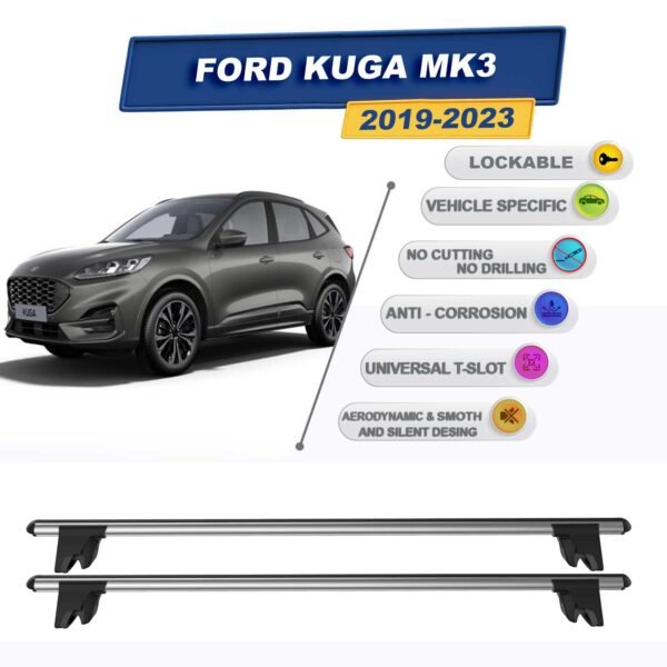 Ford Kuga MK3 2019-2023 ile Uyumlu Kilitlenebilir Ara Atkı Taşıyıcı Tavan Barı 2 adet Gri