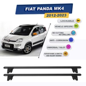 Fiat Panda MK4 2012-2023 (entegre tavan çıtalı araçlar) ile Uyumlu Kilitlenebilir Ara Atkı Taşıyıcı Tavan Barı 2 adet Siyah