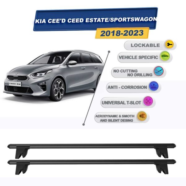 Kia Cee'D Ceed Sportswagon SW 2018-2023 ile Uyumlu Kilitlenebilir Ara Atkı Taşıyıcı Tavan Barı 2 adet Siyah