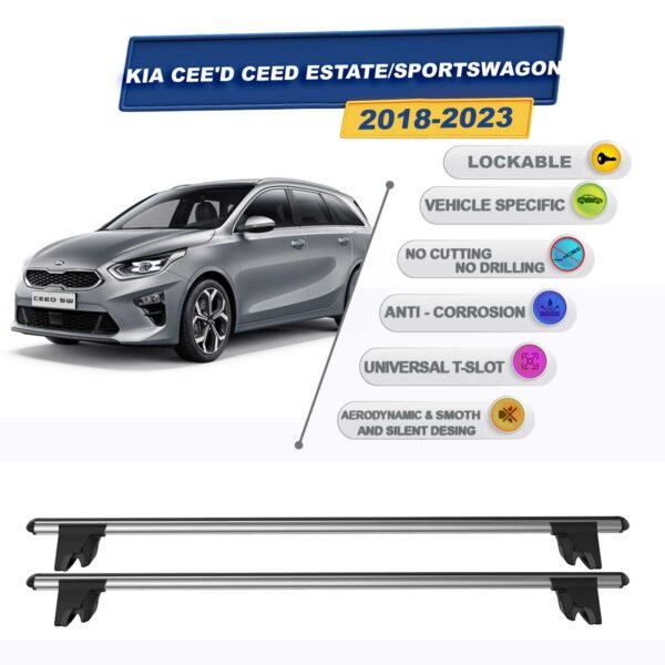 Kia Cee'D Ceed Sportswagon SW 2018-2023 ile Uyumlu Kilitlenebilir Ara Atkı Taşıyıcı Tavan Barı 2 adet Gri