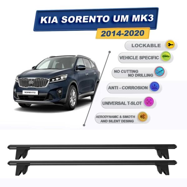 Kia Sorento UM MK3 2014-2020 ile Uyumlu Kilitlenebilir Ara Atkı Taşıyıcı Tavan Barı 2 adet Siyah