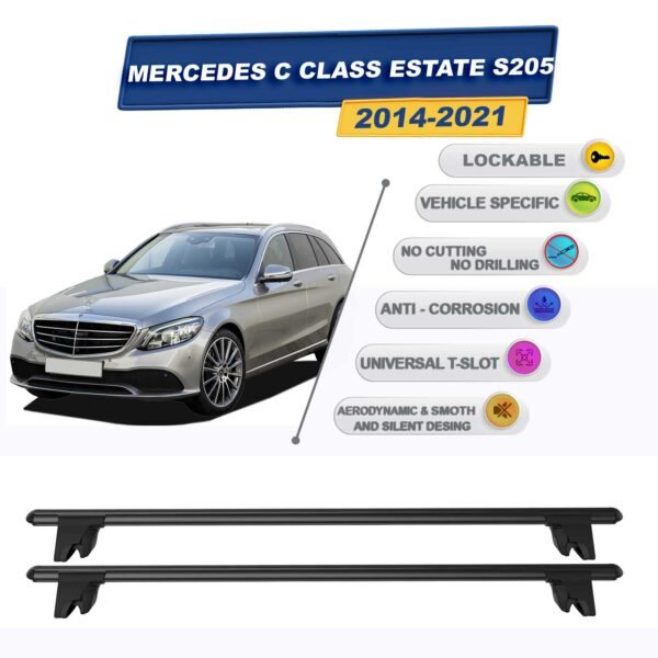 Mercedes C Wagon - Estate S205 2014-2021 ile Uyumlu Kilitlenebilir Ara Atkı Taşıyıcı Tavan Barı 2 adet Siyah