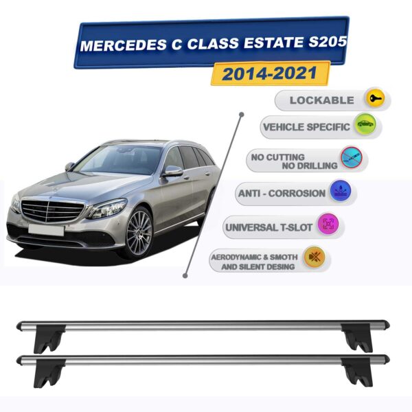 Mercedes C Wagon - Estate S205 2014-2021 ile Uyumlu Kilitlenebilir Ara Atkı Taşıyıcı Tavan Barı 2 adet Gri