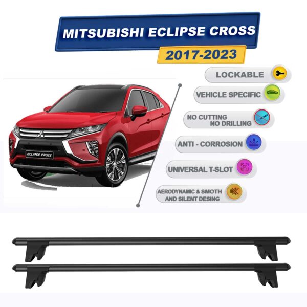 Mitsubishi Eclipse Cross SUV 2017-2023 (entegre tavan çıtalı araçlar) ile Uyumlu Kilitlenebilir Ara Atkı Taşıyıcı Tavan Barı 2 adet Siyah