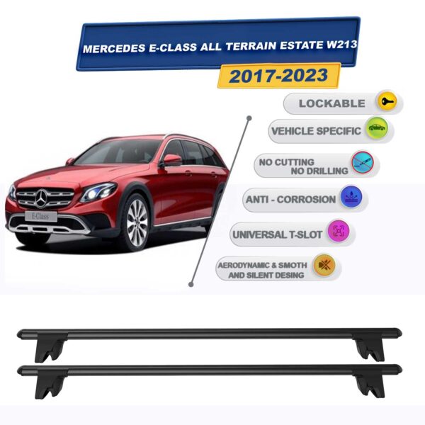 Mercedes E Serisi All Terrain Stationwagon - Estate W213 2017-2023 ile Uyumlu Kilitlenebilir Ara Atkı Taşıyıcı Tavan Barı 2 adet Siyah