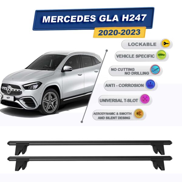 Mercedes GLA H247 2020-2023 ile Uyumlu Kilitlenebilir Ara Atkı Taşıyıcı Tavan Barı 2 adet Siyah