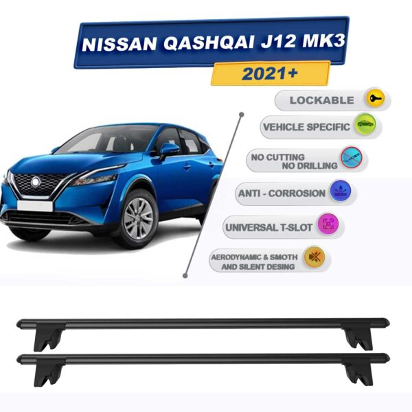 Nissan Qashqai J12 MK3 2021 Sonrası ile Uyumlu Kilitlenebilir Ara Atkı Taşıyıcı Tavan Barı 2 adet Siyah
