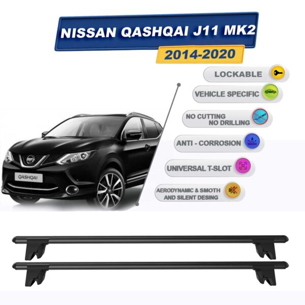 Nissan Qashqai J11 MK2 2014-2020 ile Uyumlu Kilitlenebilir Ara Atkı Taşıyıcı Tavan Barı 2 adet Siyah