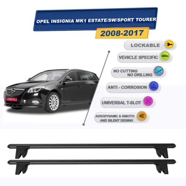 Opel Insignia A Sport Tourer - Stationwagon 2008-2017 ile Uyumlu Kilitlenebilir Ara Atkı Taşıyıcı Tavan Barı 2 adet Siyah