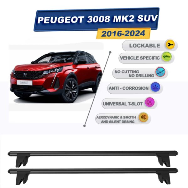 Peugeot 3008 MK2 SUV 2016-2024 ile Uyumlu Kilitlenebilir Ara Atkı Taşıyıcı Tavan Barı 2 adet Siyah