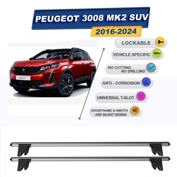 Peugeot 3008 MK2 SUV 2016-2024 ile Uyumlu Kilitlenebilir Ara Atkı Taşıyıcı Tavan Barı 2 adet Gri