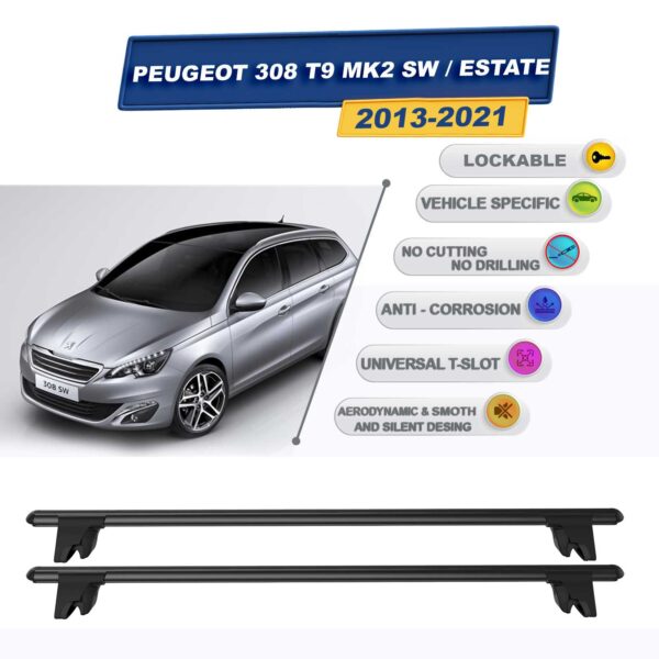 Peugeot 308 T9 MK2 Stationwagon 2013-2021 ile Uyumlu Kilitlenebilir Ara Atkı Taşıyıcı Tavan Barı 2 adet Siyah
