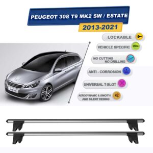 Peugeot 308 T9 MK2 Stationwagon 2013-2021 ile Uyumlu Kilitlenebilir Ara Atkı Taşıyıcı Tavan Barı 2 adet Gri