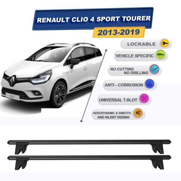 Renault Clio 4 Sport Tourer 2013-2019 ile Uyumlu Kilitlenebilir Ara Atkı Taşıyıcı Tavan Barı 2 adet Siyah