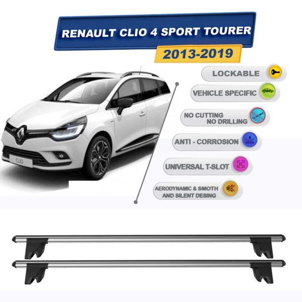Renault Clio 4 Sport Tourer 2013-2019 ile Uyumlu Kilitlenebilir Ara Atkı Taşıyıcı Tavan Barı 2 adet Gri