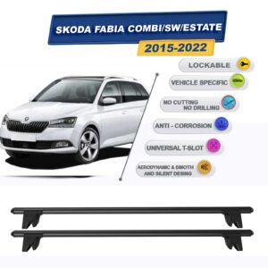 Skoda Fabia Combi / StationWagon 2015-2022 ile Uyumlu Kilitlenebilir Ara Atkı Taşıyıcı Tavan Barı 2 adet Siyah