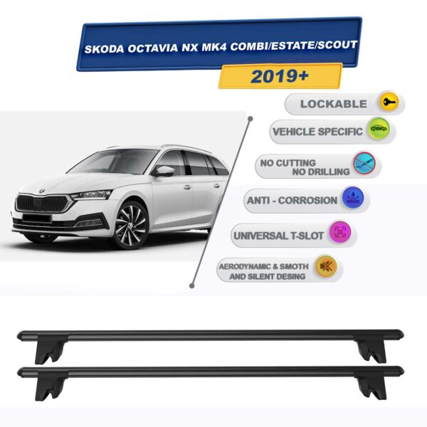 Skoda Octavia Combi Stationwagon/Scout NX MK4 2019-2024 ile Uyumlu Kilitlenebilir Ara Atkı Taşıyıcı Tavan Barı 2 adet Siyah