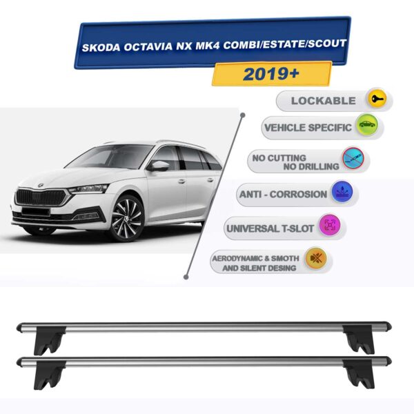 Skoda Octavia Combi Stationwagon/Scout NX MK4 2019-2024 ile Uyumlu Kilitlenebilir Ara Atkı Taşıyıcı Tavan Barı 2 adet Gri