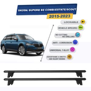 Skoda Superb B8 Combi/Estate/Scout 2015-2023 ile Uyumlu Kilitlenebilir Ara Atkı Taşıyıcı Tavan Barı 2 adet Siyah