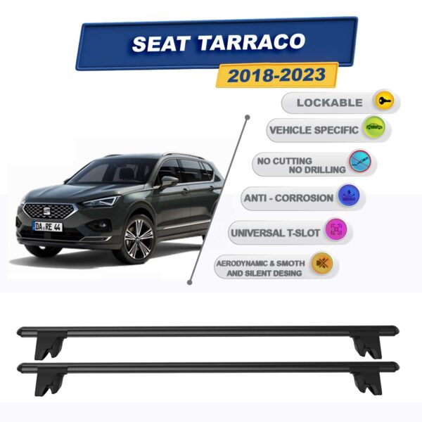 Seat Tarraco 2018-2023 ile Uyumlu Kilitlenebilir Ara Atkı Taşıyıcı Tavan Barı 2 adet Siyah