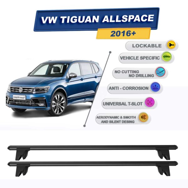 Volkswagen Tiguan Allspace 2016-2023 ile Uyumlu Kilitlenebilir Ara Atkı Taşıyıcı Tavan Barı 2 adet Siyah