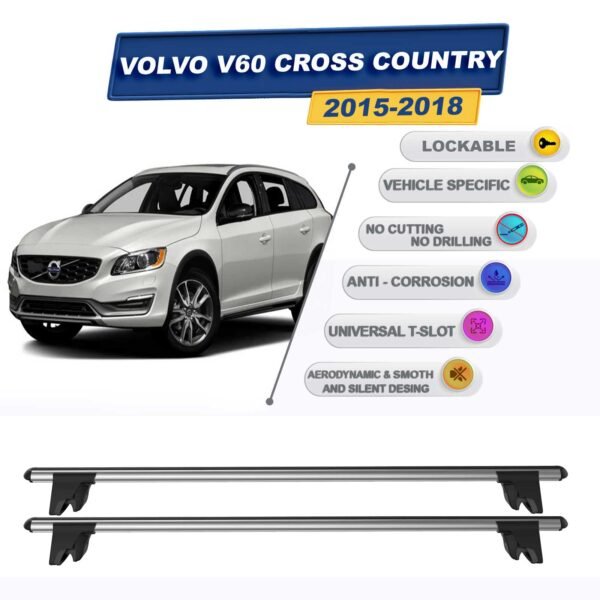 Volvo V60 Cross Country 2015-2018 ile Uyumlu Kilitlenebilir Ara Atkı Taşıyıcı Tavan Barı 2 adet Gri