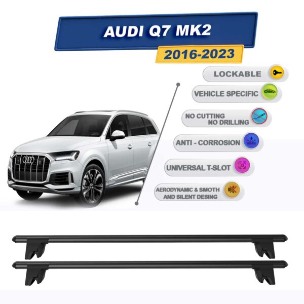 Audi Q7 MK2 2016-2023 ile Uyumlu Kilitlenebilir Ara Atkı Taşıyıcı Tavan Barı 2 adet Siyah
