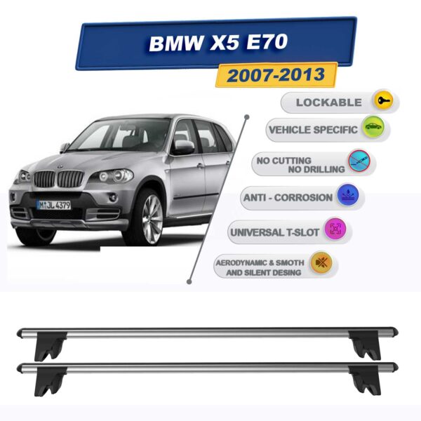BMW X5 E70 2007-2013 ile Uyumlu Kilitlenebilir Ara Atkı Taşıyıcı Tavan Barı 2 adet Gri