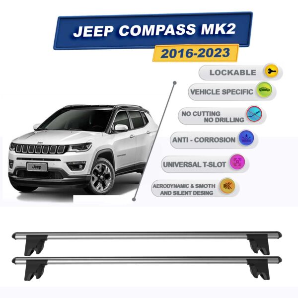 Jeep Compass MK2 2016-2024 ile Uyumlu Kilitlenebilir Ara Atkı Taşıyıcı Tavan Barı 2 adet Gri