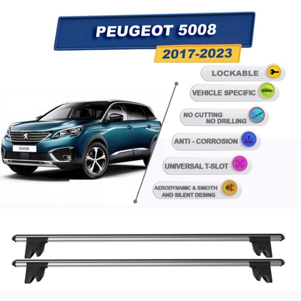 Peugeot 5008 SUV 2017-2023 ile Uyumlu Kilitlenebilir Ara Atkı Taşıyıcı Tavan Barı 2 adet Gri