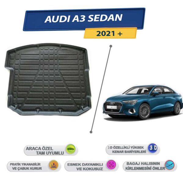 Audi A3 Sedan 2021 Sonrası İçin 3D Yüksek Kenarlı Bagaj Havuzu - Kokusuz, Kolay Temizlenebilir Bagaj Paspası