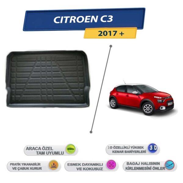 Citroen C3 HB 2017 Sonrası İçin 3D Yüksek Kenarlı Bagaj Havuzu - Kokusuz, Kolay Temizlenebilir Bagaj Paspası