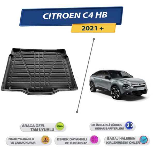Citroen C4 HB 2021 Sonrası İçin 3D Yüksek Kenarlı Bagaj Havuzu - Kokusuz, Kolay Temizlenebilir Bagaj Paspası