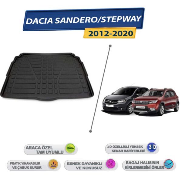 Dacia Sandero/Stepway 2012-2020 İçin 3D Yüksek Kenarlı Bagaj Havuzu - Kokusuz, Kolay Temizlenebilir Bagaj Paspası