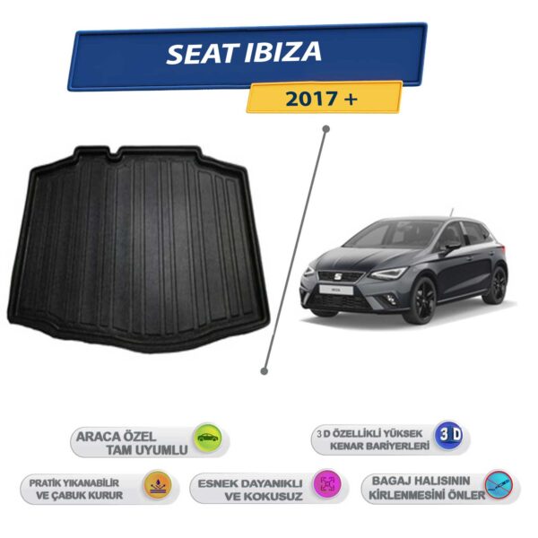 Seat İbiza 2017 -2021 İçin 3D Yüksek Kenarlı Bagaj Havuzu - Kokusuz, Kolay Temizlenebilir Bagaj Paspası