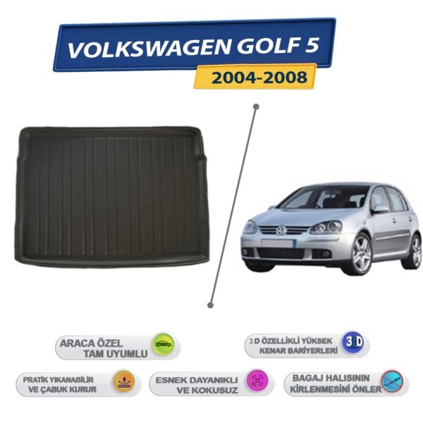 Volkswagen Golf 5 2004-2008 İçin 3D Yüksek Kenarlı Bagaj Havuzu - Kokusuz, Kolay Temizlenebilir Bagaj Paspası